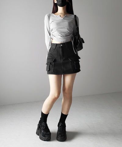 【 ３size ／ ２color 】ダブルポケットヴィンテージカーゴデニムミニスカパン ／ double pocket vintage cargo denim mini skirt pants