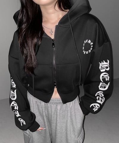 グランジロゴダブルジップショートパーカー ／ grunge logo double zip short hoodie