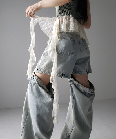 【 ２color 】ヴィンテージライクレースフリルデニムビスチェ ／ vintage like lace frill denim bustier