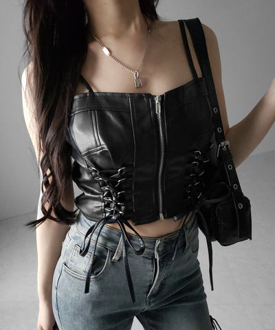ダブルリボンレースアップフェイクレザーショートビスチェ ／ double ribbon laceup fake leather short bustier