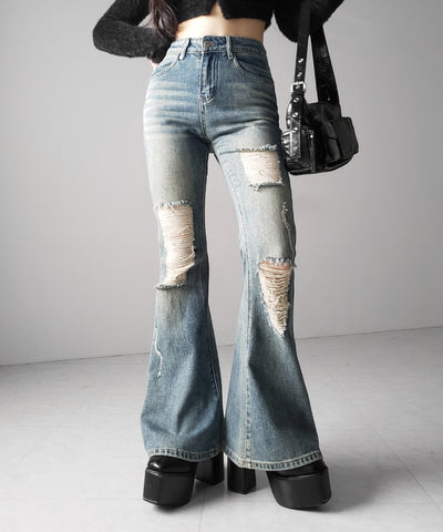 クラッシュダメージヴィンテージフレアデニム ／ crush damage vintage flare denim