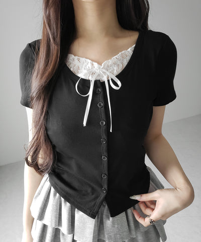 フロントリボンレースレイヤード半袖リブトップス ／front ribbon lace layered short sleeve rib tops