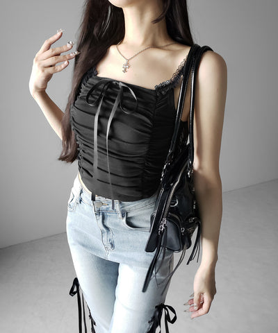 シャーリングギャザーフロントリボンキャミソール ／ shirring gather front ribbon camisole