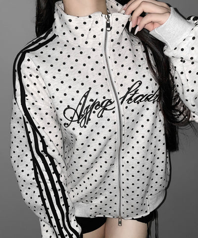 レタリングロゴ刺繍ドットラインオーバースウェットブルゾン ／ lettering logo embroidery dot line over sweat blouson