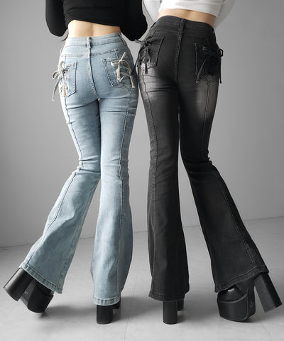 【４size 】バックリボンレースアップ美脚ストレッチフレアデニム ／ back ribbon lace up slim leg stretch flare denim