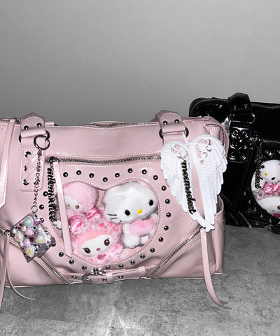 【 限定先行販売 】ハートクリアポケットスタッズフェイクレザートートバッグ ／ heart clear pocket studs fake leather tote bag