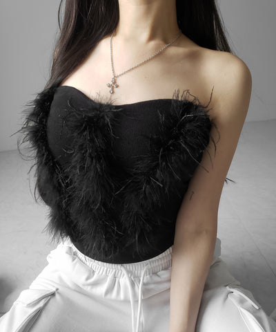 フェザーファードッキングビスチェベアトップ ／ feather fur docking bustier bare tops