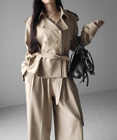 【 上下セットアップ 】ウエストマークショートトレンチコート ＋ タックワイドスラックスパンツ SETUP ／ Waist-mark short trench coat + tuck wide slacks pants