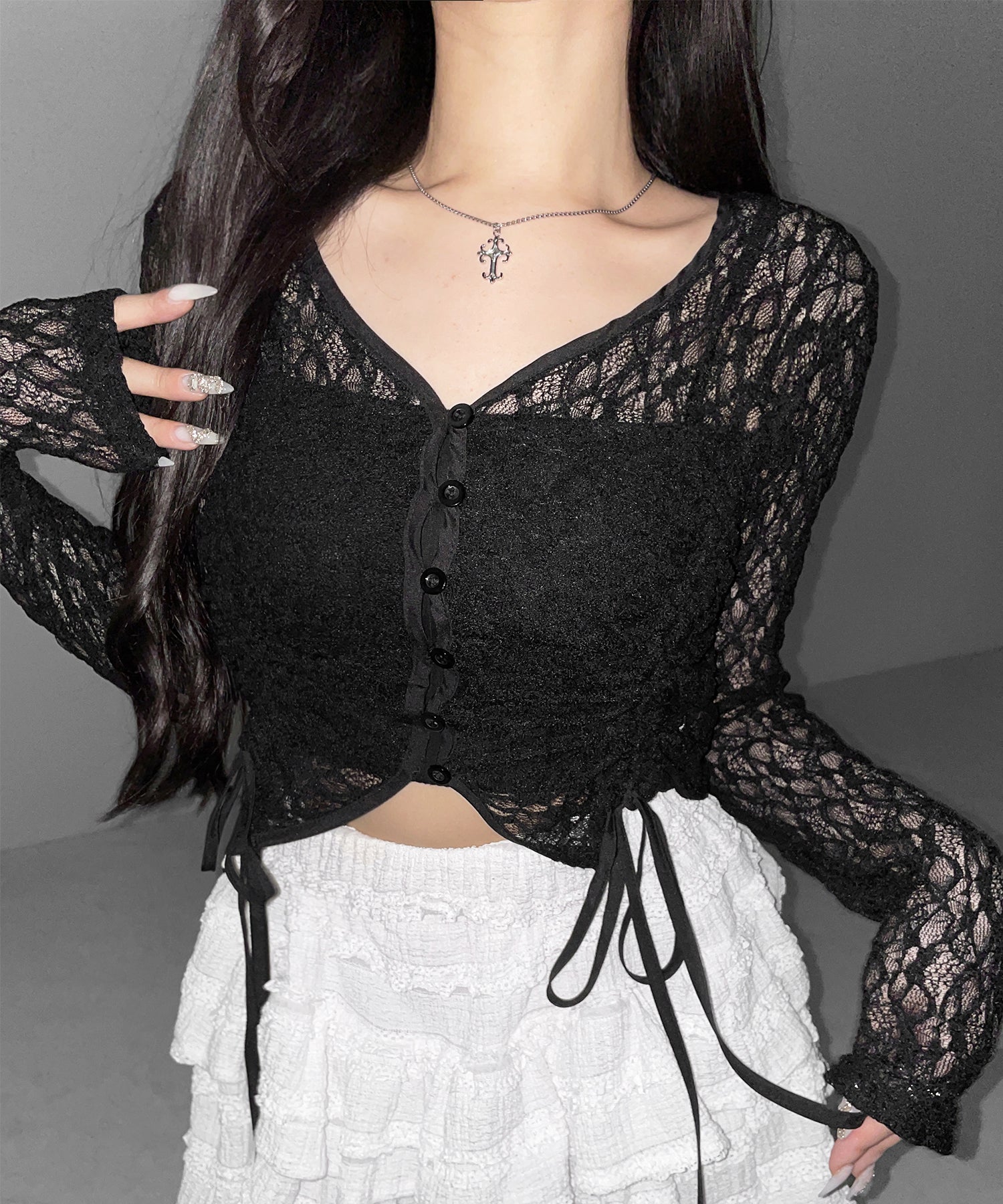 ダブルシャーリングショートレースカーディガン ／ double shirring short lace cardigan