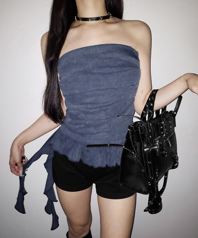 【 ２color 】ヴィンテージピグメントフリルベアトップス ／ vintage pigment frill bare tops