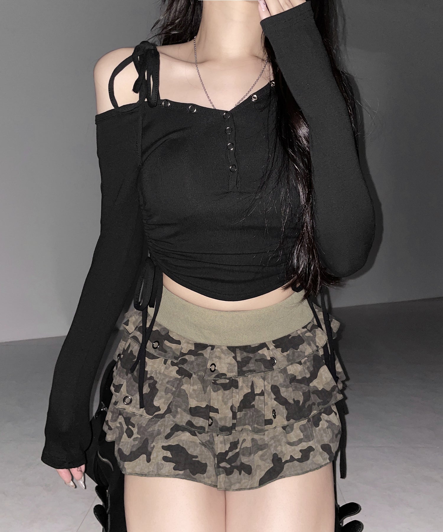 【 インパン裏地付 】ヴィンテージカモフラ迷彩フリルミニスカート ／ vintage camouflage frill mini skirt