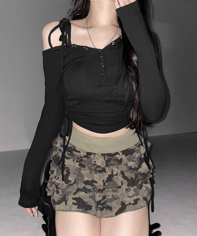 【 インパン裏地付 】ヴィンテージカモフラ迷彩フリルミニスカート ／ vintage camouflage frill mini skirt