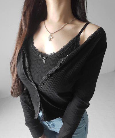 【 ２点セット 】フロントリボンレース切替リブキャミソール ＋ カーディガンセット ／front ribbon lace lib camisole + cardigan SET