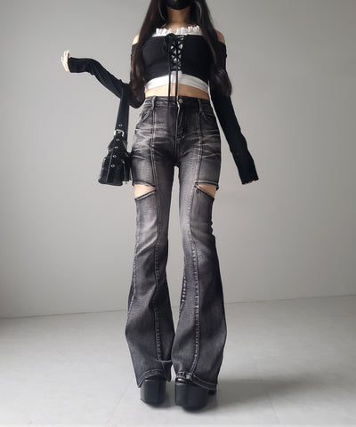 【 ２color ／ ３size 】カットアウトヴィンテージストレッチフレアデニム ／ cutout vintage stretch flare denim