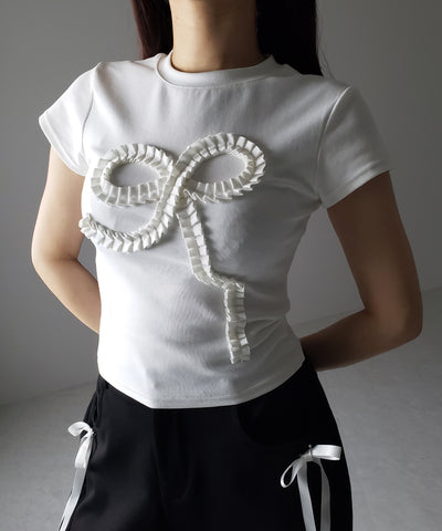 【 ３color 】フリルリボンモチーフスリムＴシャツ ／ frill ribbon motif slimT-shirt