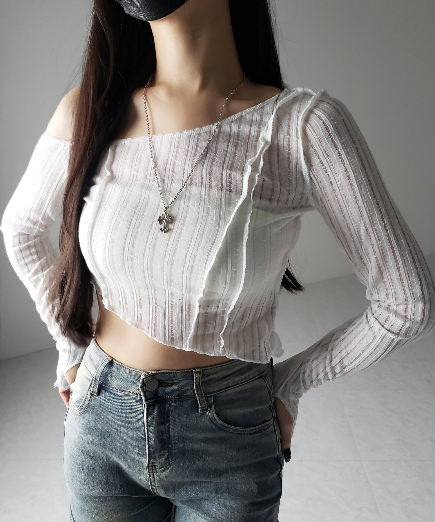 【 ３color 】アウトステッチワンショルシアーリブカットソートップス ／ outstitch one shoulder sheer rib cutsew tops