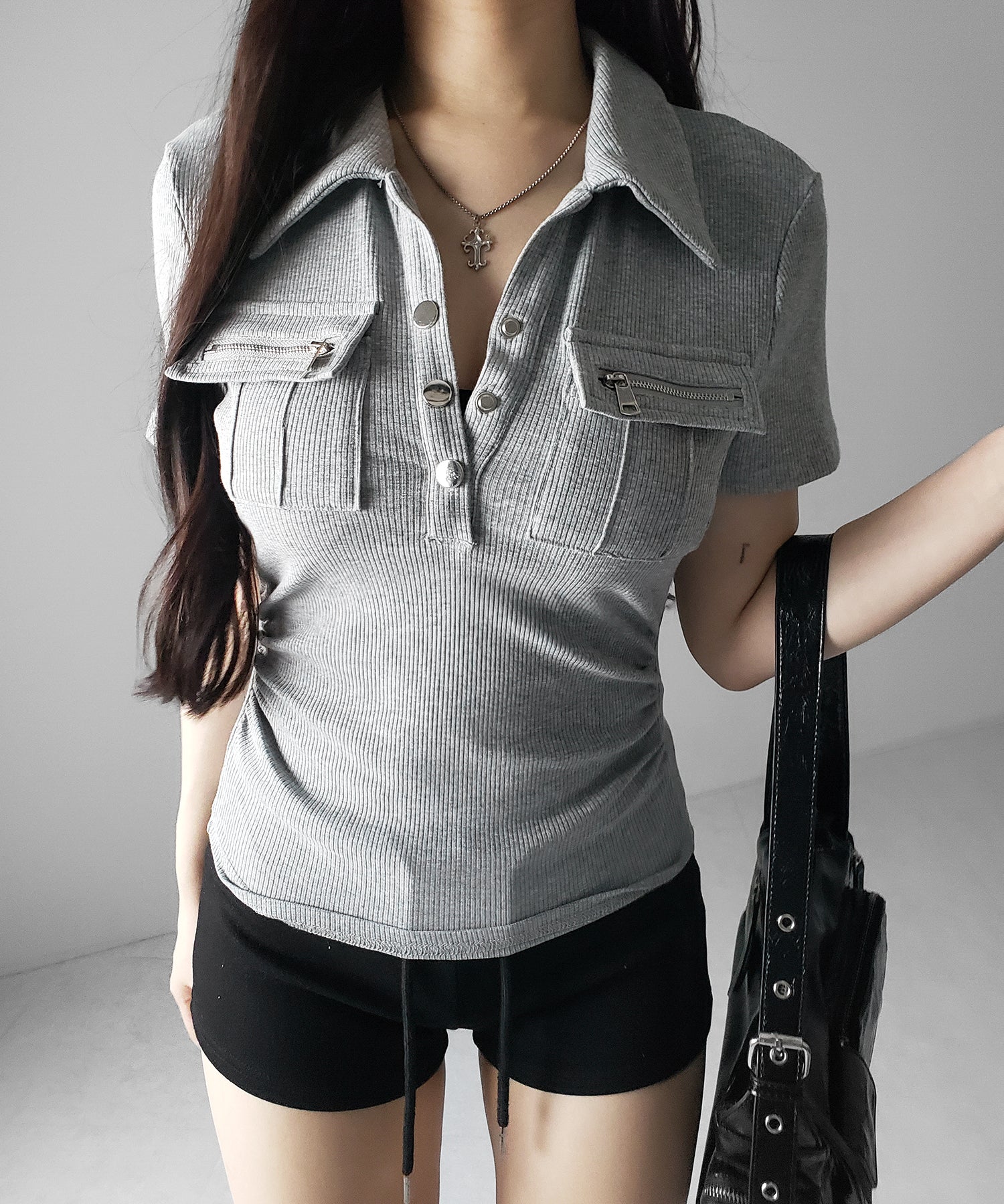 アウトポケットポロネックリブカットソートップス ／ out pocket polo neck rib cutsew tops