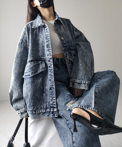 【 デニムセットアップ着用可能 】ヴィンテージケミカルブリーチタックダメージワイドデニム ／ vintage chemical bleach tuck damage wide denim