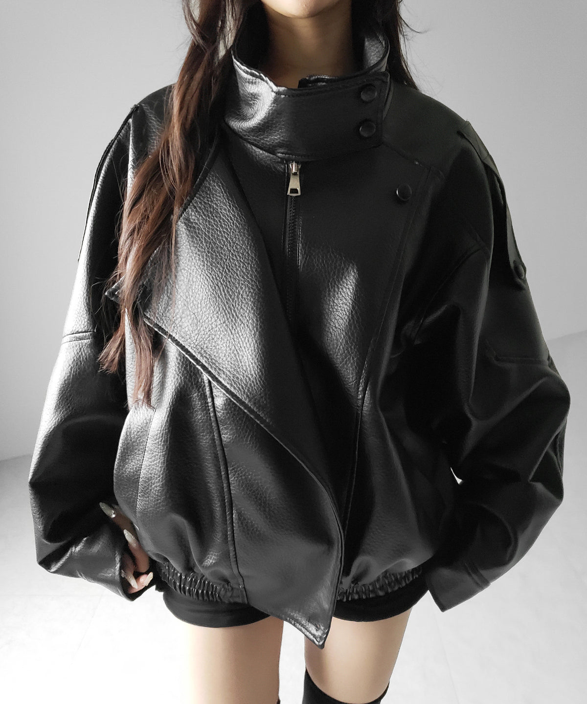 ヴィンテージフェイクレザースタンドカラージップアップブルゾン ／ 2WAY vintage fake leather stand collar zipup blouson