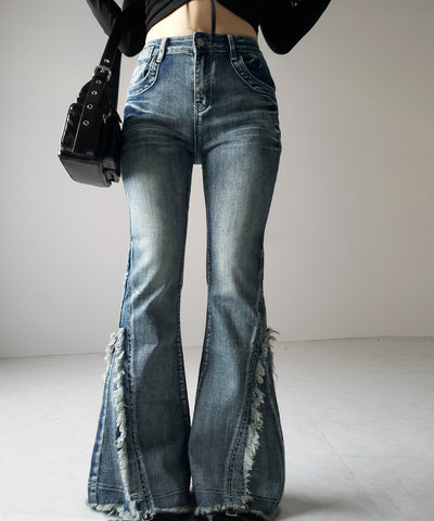 【 ２color ／ ４size 】ヴィンテージライクフリンジストレッチフレアデニム ／ Vintage-like fringe stretch flare denim