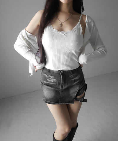 【 ２点セット 】フロントリボンレース切替リブキャミソール ＋ カーディガンセット ／front ribbon lace lib camisole + cardigan SET
