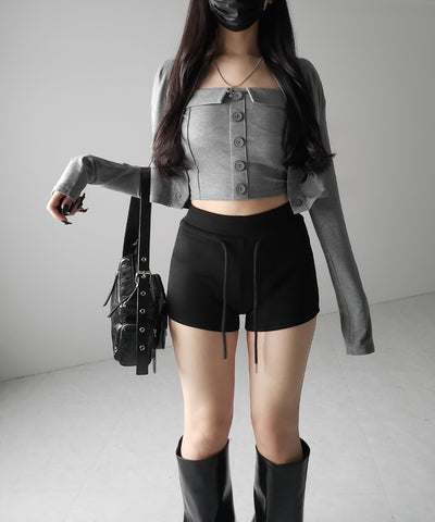 【 2点セット 】フロントボタンベアトップ ＋ クロップドカットソーカーディガン SET ／ front button bare top + cropped cutsaw cardigan SET