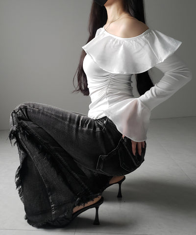 【 ２color 】ワンショルボリュームフリルカットソートップス ／ one shoulder volume frill cutsew tops