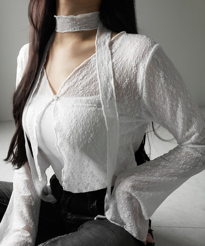 【 ２color ／ ２WAY 】チョーカーロングタイ付きショートシアーカーディガン ／ choker long tie set short sheer cardigan