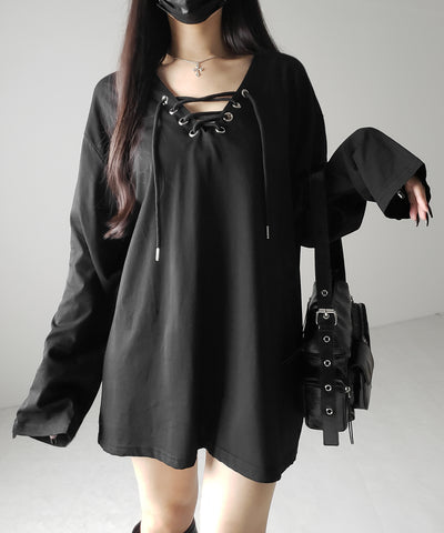 【 ２color 】レースアップルーズシルエット長袖ビッグTシャツ ／ laceup loose silhouette long sleeve big T-shirt
