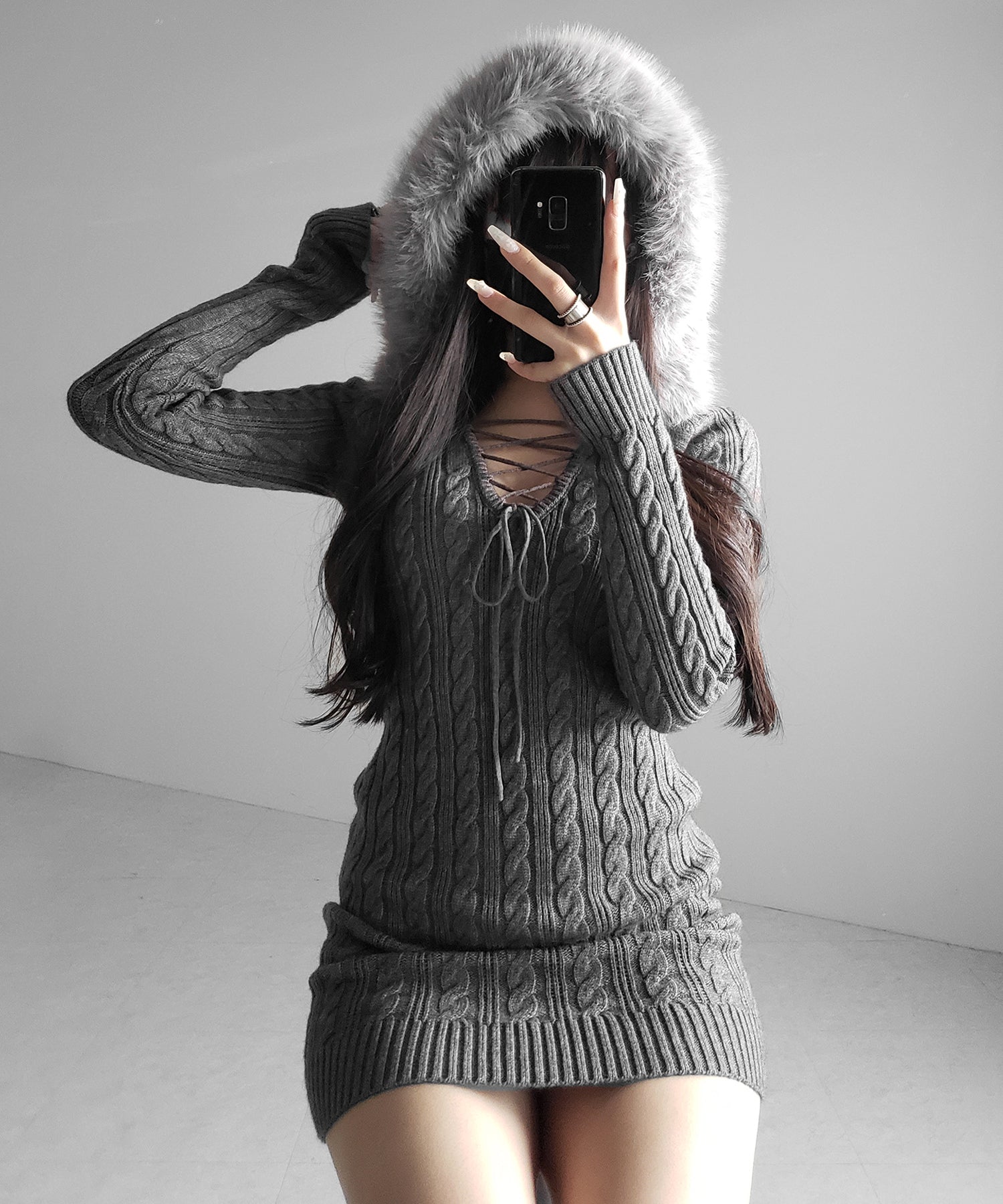 ファーフーディレースアップレディニットミニワンピース ／ fur hoodie lace up lady knit mini onepiece