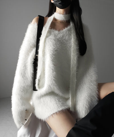 【 ２color 】チョーカータイ付きルーズシャギーニット ／ choker tie set loose shaggy knit