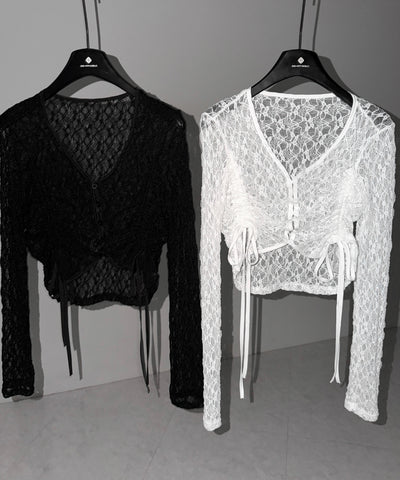 ダブルシャーリングショートレースカーディガン ／ double shirring short lace cardigan