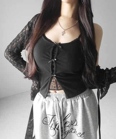 フロントリボンレースレイヤードリブキャミソール ／Front ribbon lace layered ribbed camisole
