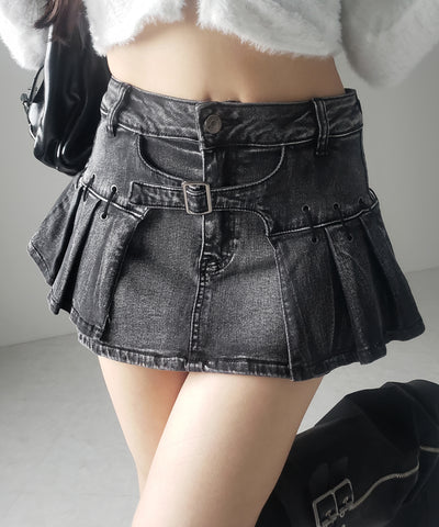 【 インパン裏地付 】ベルテッドマイクロプリーツデニムミニスカパン ／ belted micro pleats denim skirt pants
