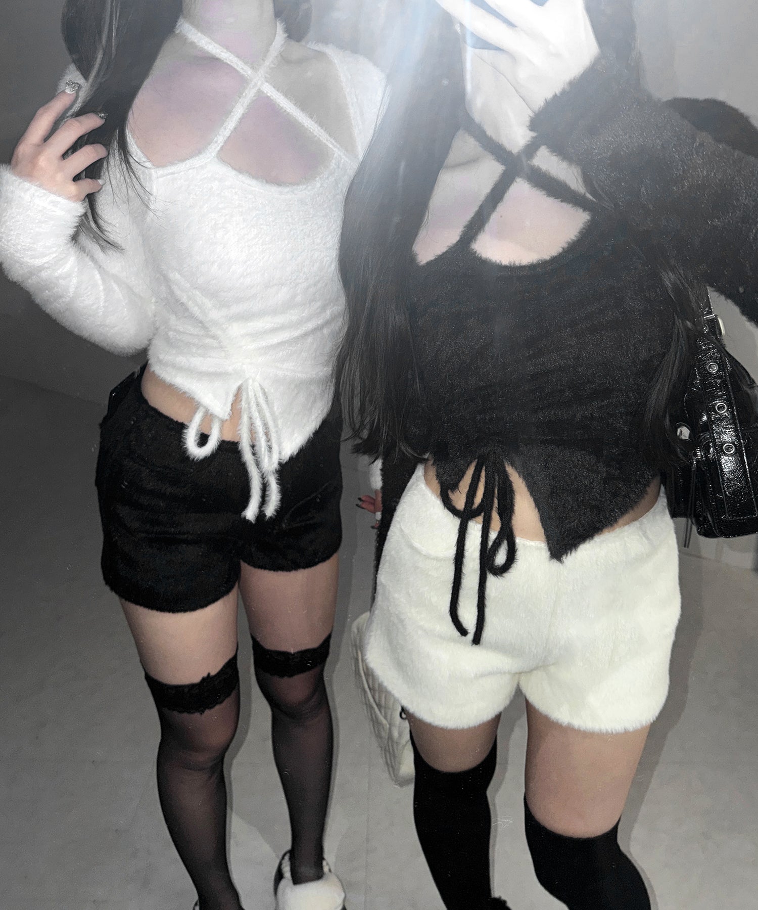 【 ３color 】クロスネックシャーリングリボンシャギートップス ／ cross neck shirring ribbon shaggy tops