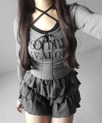 【 クロスネックにできる２WAY 】レースアップフェイクレイヤードロゴカットソートップス ／ laceup fake layered logo cutsew tops