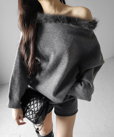 【 ニットセットアップ 】フェイクファーワンショルオーバーニット ＋ ニットショートパンツ SET ／ fake fur one-shoulder over knit + knit short pants SET