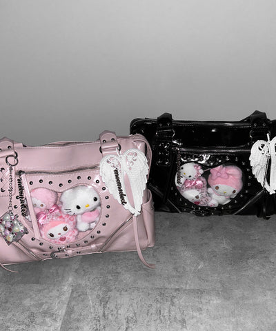 【 限定先行販売 】ハートクリアポケットスタッズフェイクレザートートバッグ ／ heart clear pocket studs fake leather tote bag