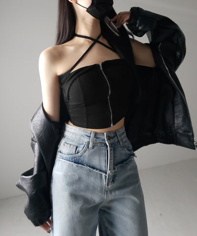 【 ２WAY／ カップ付 】ジップアップクロスストラップリボンベアトップス ／ zip up cross strap ribbon bare tops