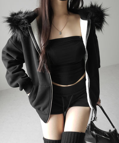 【 セットアップ 】裏起毛ファーフードオーバージップパーカー＆スウェットショートパンツ ／ Urakimo fur over zip hoodie ＆ sweat short pants SETUP