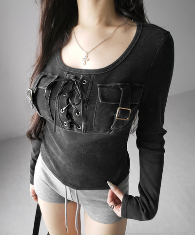 ヴィンテージレースアップアウトポケットスクエアリブロンT ／ vintage laceup outpocket square lib long slleve T-shirts
