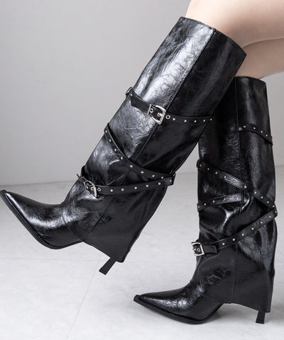 ヴィンテージレザーベルテッドロングカバーブーツ ／vintage leather belted long cover boots