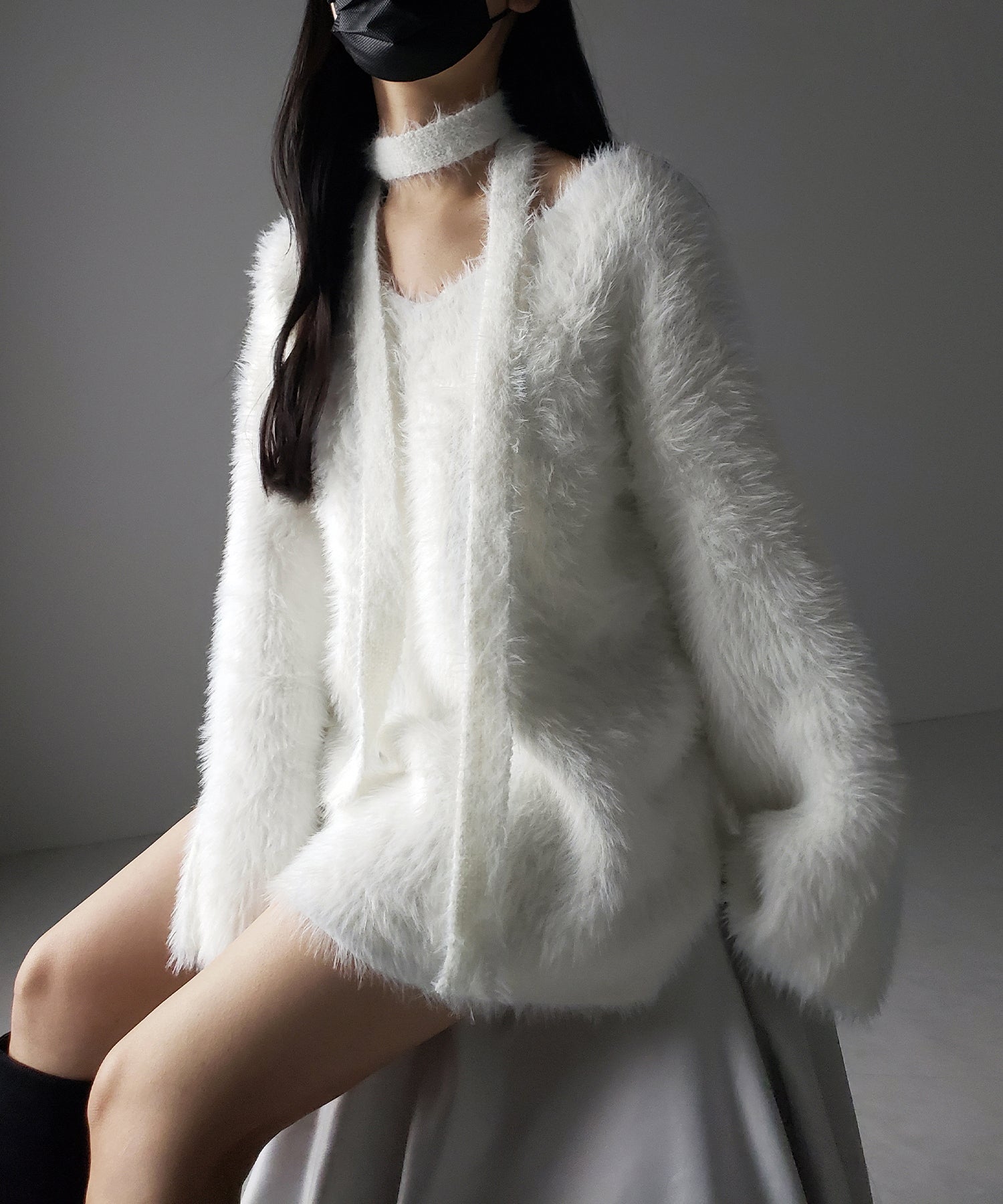 【 ２color 】チョーカータイ付きルーズシャギーニット ／ choker tie set loose shaggy knit