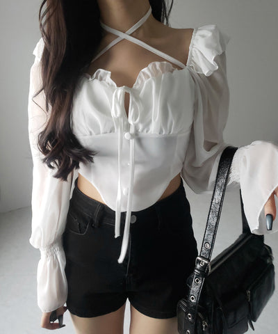 【 ２color ／ ２WAY 】フロントリボンクロスネックオフショルシフォンブラウス ／ front ribbon cross neck off-shoulder chiffon blouse