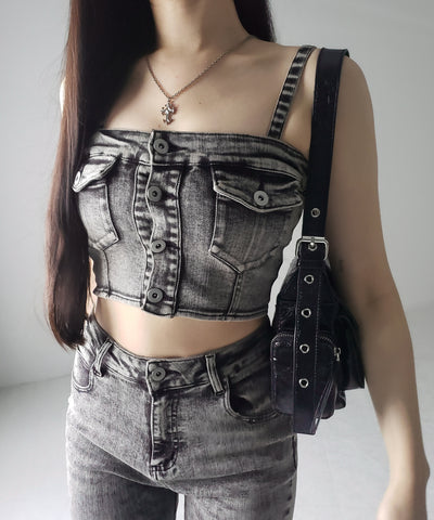 【 セットアップ 】ヴィンテージライクデニムビスチェ ＋ ストレッチフレアデニム SET ／ 【 SET UP 】 vintage like denim bustier + stretch flare denim