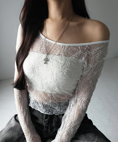 【 ２color ／２WAY 】ワンショルルーズシアーレーストップス ／ one shoulder loose sheer lace tops