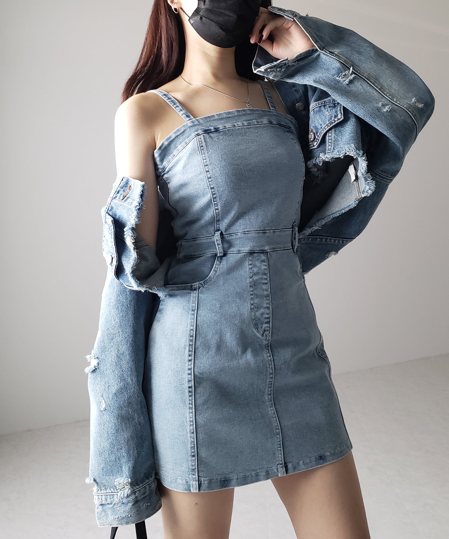 【 ２color 】ウォッシュデニムハイウエストミニキャミワンピース ／ wash denim high waist mini cami onepiece