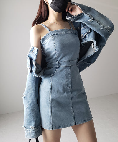 【 ２color 】ウォッシュデニムハイウエストミニキャミワンピース ／ wash denim high waist mini cami onepiece