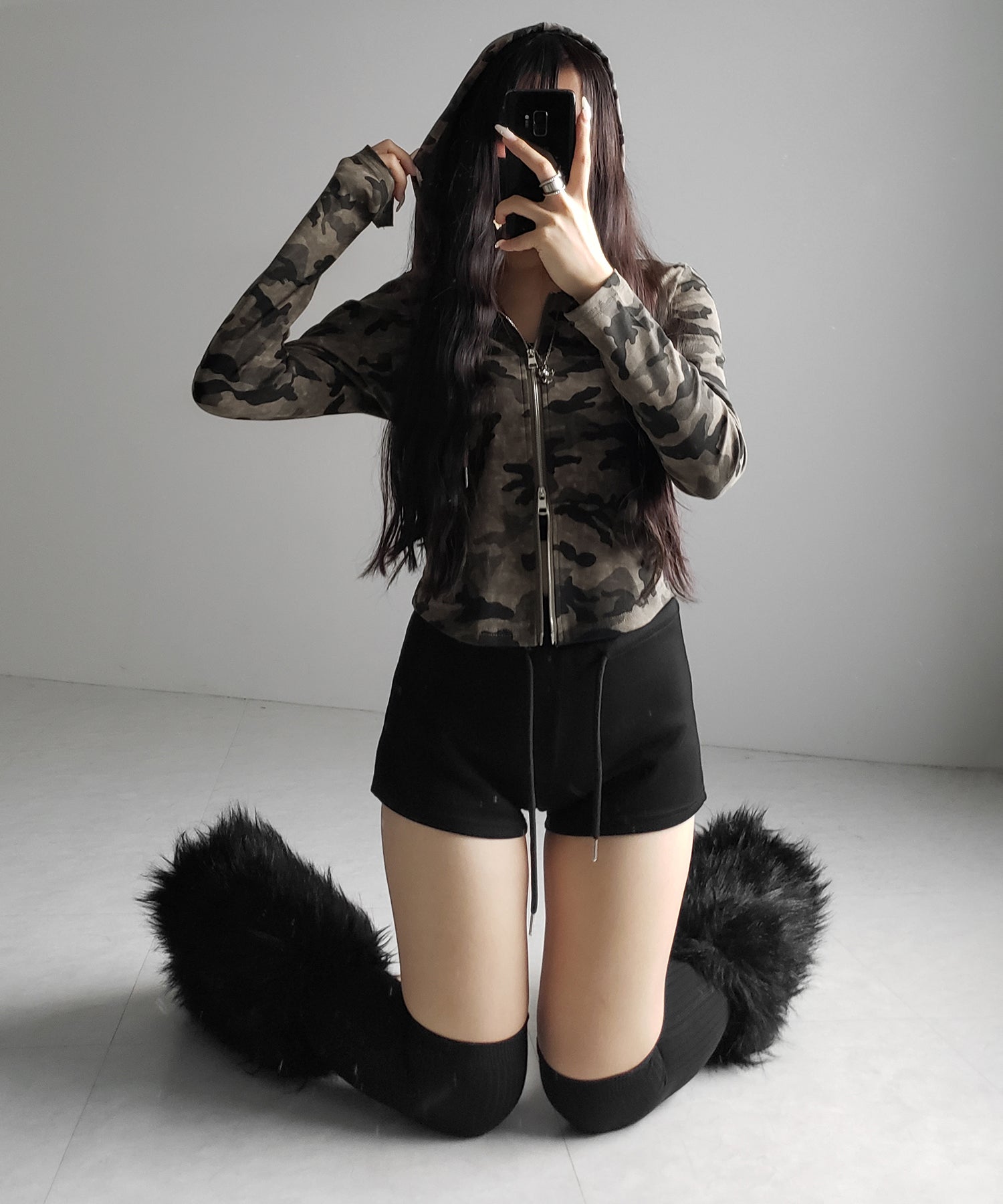 ヴィンテージカモフラダブルジップカットパーカー ／ vintage camouflage double zip cut hoodie