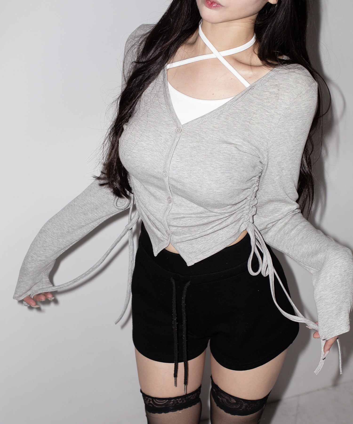 【 ３WAY 】レイヤード風シャーリングリボンリブトップス ／ fake layered shirring ribbon lib tops